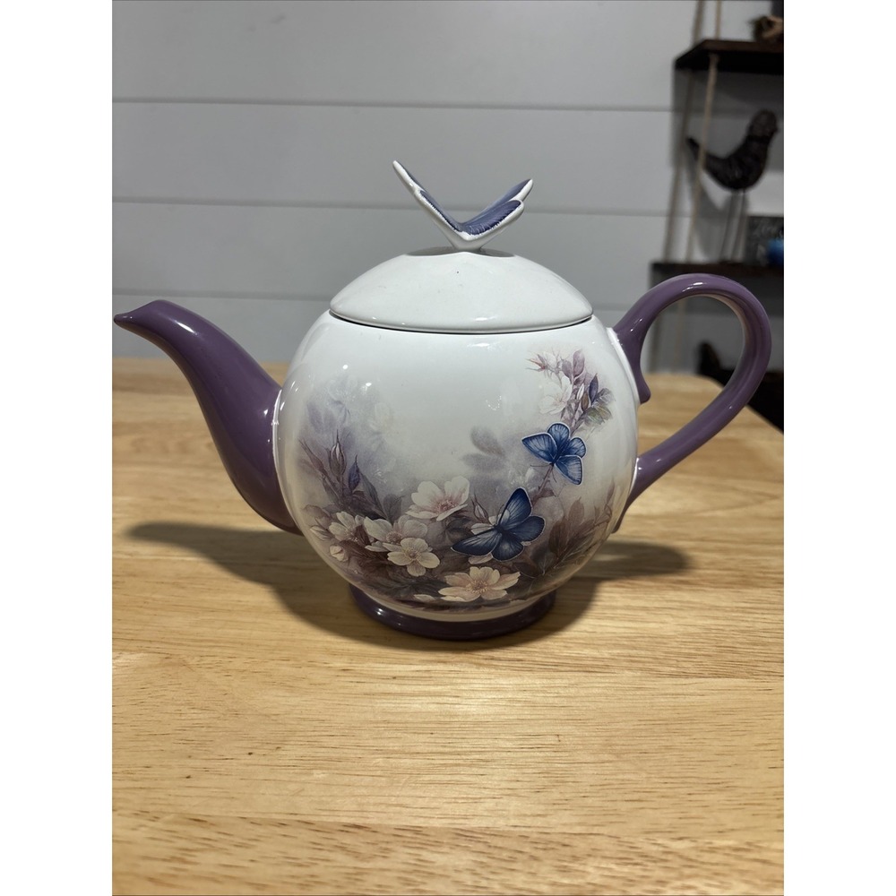 VINTAGE PURPLE AND WHITE CERAMIC TEAPOT WITH BUTTERFLIES & FLOWERS